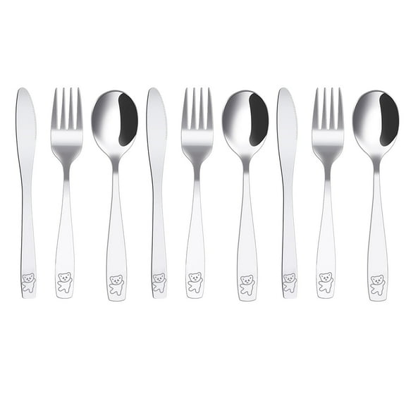 Tcwhniev 9Pcs Kids Silverware Set, Stainless Steel Toddler Utensils, Baby Cutlery Set Includes 3x Forks, 3 x Spoons, 3x Dinner Cutters, Silver