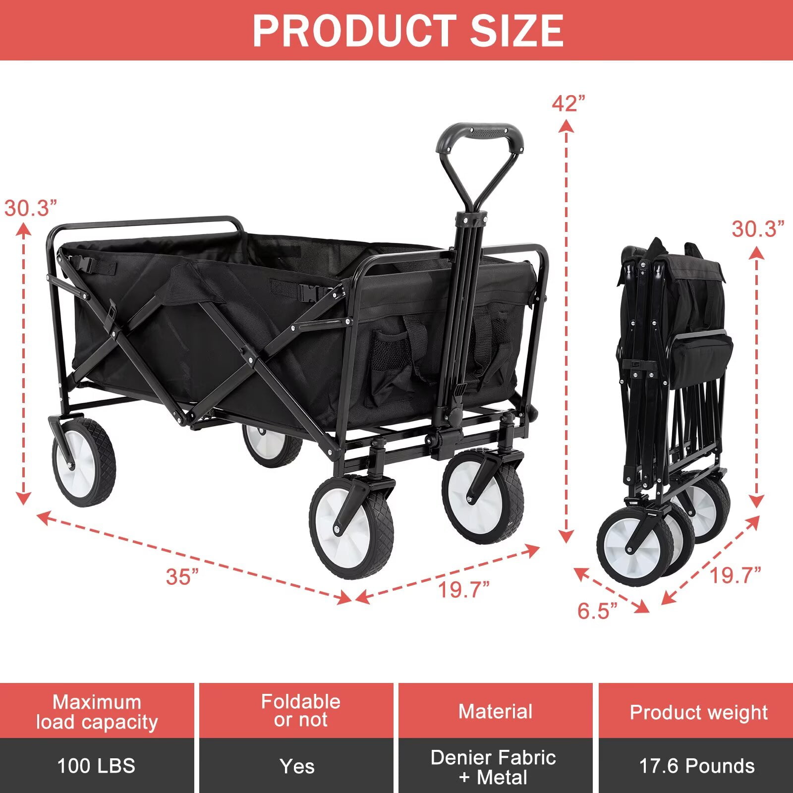 YRLLENSDAN,Beach Wagon with Big Wheels for Sand,Beach Carts for Sand,Grocery Cart on Wheels,Wagon Stroller,Foldable,Suitable for Outdoor Use,Black