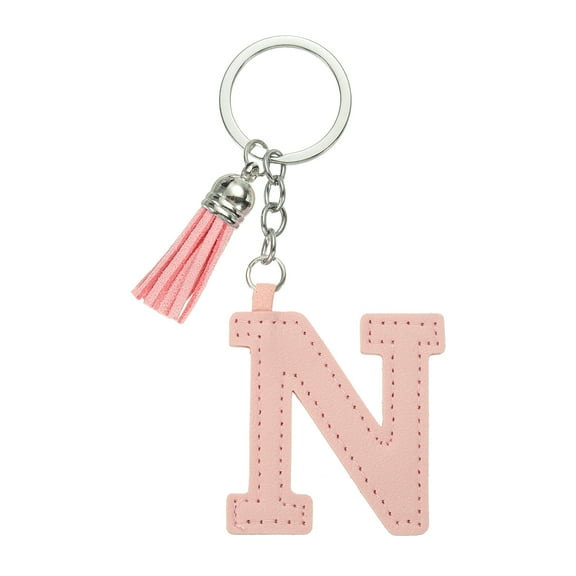 Alphabet Initial Letter Keychain, Cute Leather Keychains with Tassel Letter N Pendant Charm, Pink