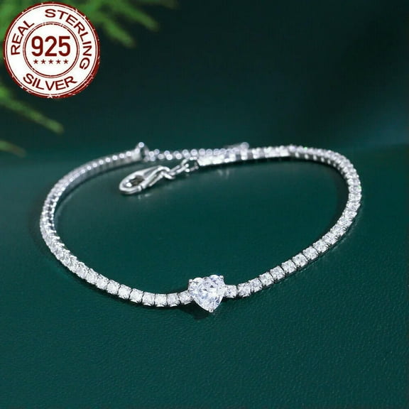 Solid 925 Sterling Silver Heart CZ Tennis Chain Link Bracelet Adjustable Jewelry