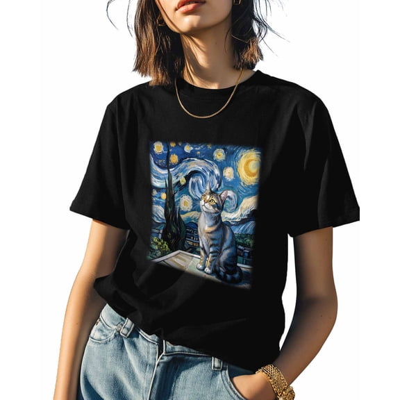 Starry Night Black Cat Womens Tshirt Graphic Tees Cotton Crew Neck T-Shirts, Casual Short Sleeve Shirts for Women Teen Girl Oil Painting Style
