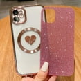 thumbnail image 3 of Compatible with iPhone 12 6.1 Inch Case with Magsafe, Plating Heart Glitter Magnetic Case for Women Girl TPU Camera Protection Back Cover for iPhone 12 Pink, 3 of 14