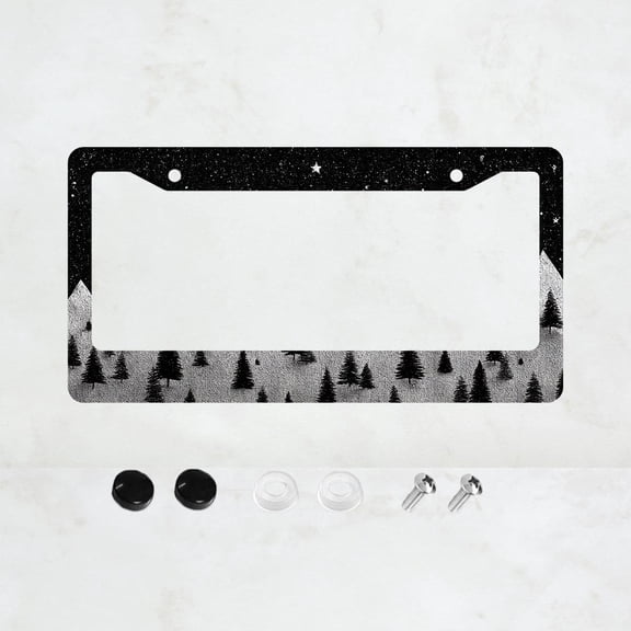 1pc Black 2-Hole License Plate Frame with Starry Night and Pine Trees Pattern, Retro Car Decoration, Aluminum Material, 6x12 Inch, Includes Screw Kit, Novelty Gift, Fits Standard US License Plate Size