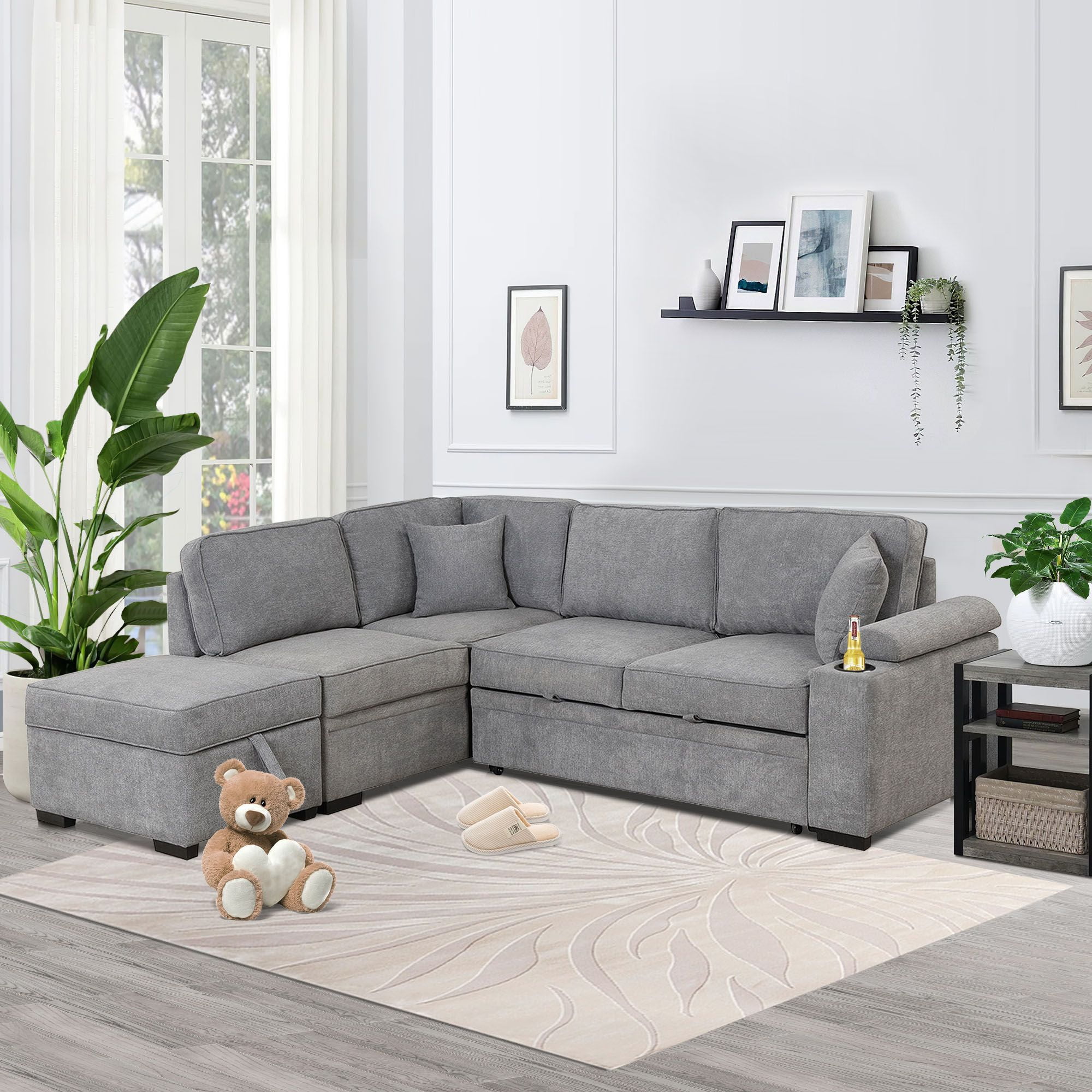 87" W Sectional Sleeper Couch with Storage, 2 in 1 PullOut Sofa Bed