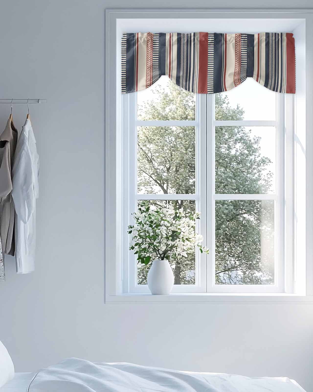Vintage Stripes Tie Up Valances Curtain, Navy Red Beige Striped Retro Lines Kitchen Valances for Windows Decor, Rod Pocket Short Curtains Set for Bedroom/Bathroom, 60"x18"