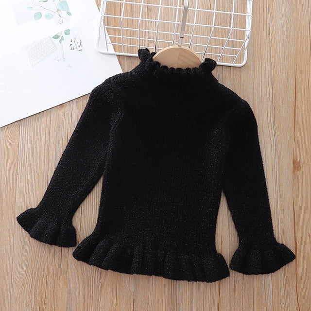 RKSTN Girls Sweaters Solid Color Versatile Ruffled Collar Long Sleeve Cable Knit Sweater Comfortable Pullover Top Fall Winter Warm Outfit 3-7Years