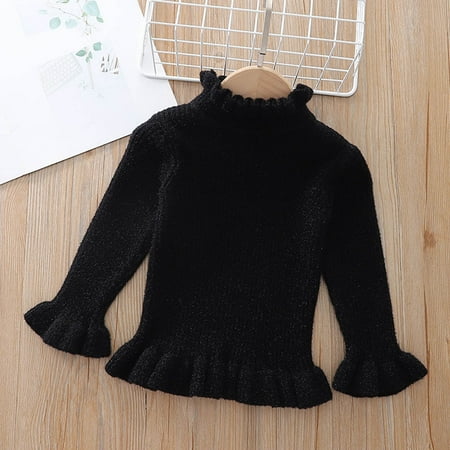 

NaWent Girls Sweater Clearance Long Sleeve Ruffle Knit Sweater Autumn and Winter Warm Solid Color Sweater Top Black 5 Years(18)