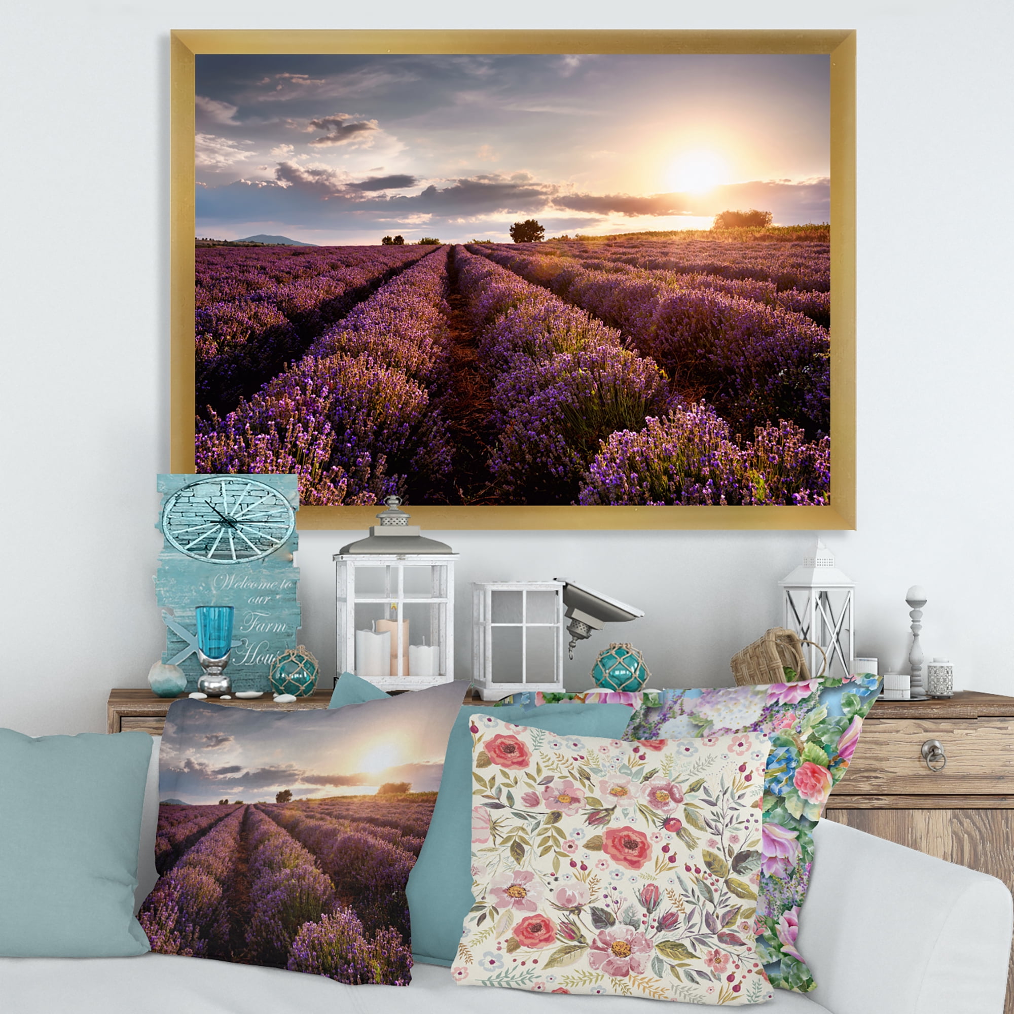 Designart 'Dramatic Clouds and Sunrise Over Lavender Field V' Farmhouse Framed Art Print