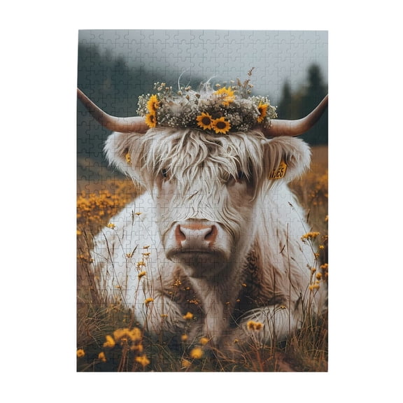 Highland Cow Sunflower Crowns 500-Piece Wooden Jigsaw Puzzle for Adults, Fun & Challenging Family Brain-Teaser, Perfect Home Decor & Gift