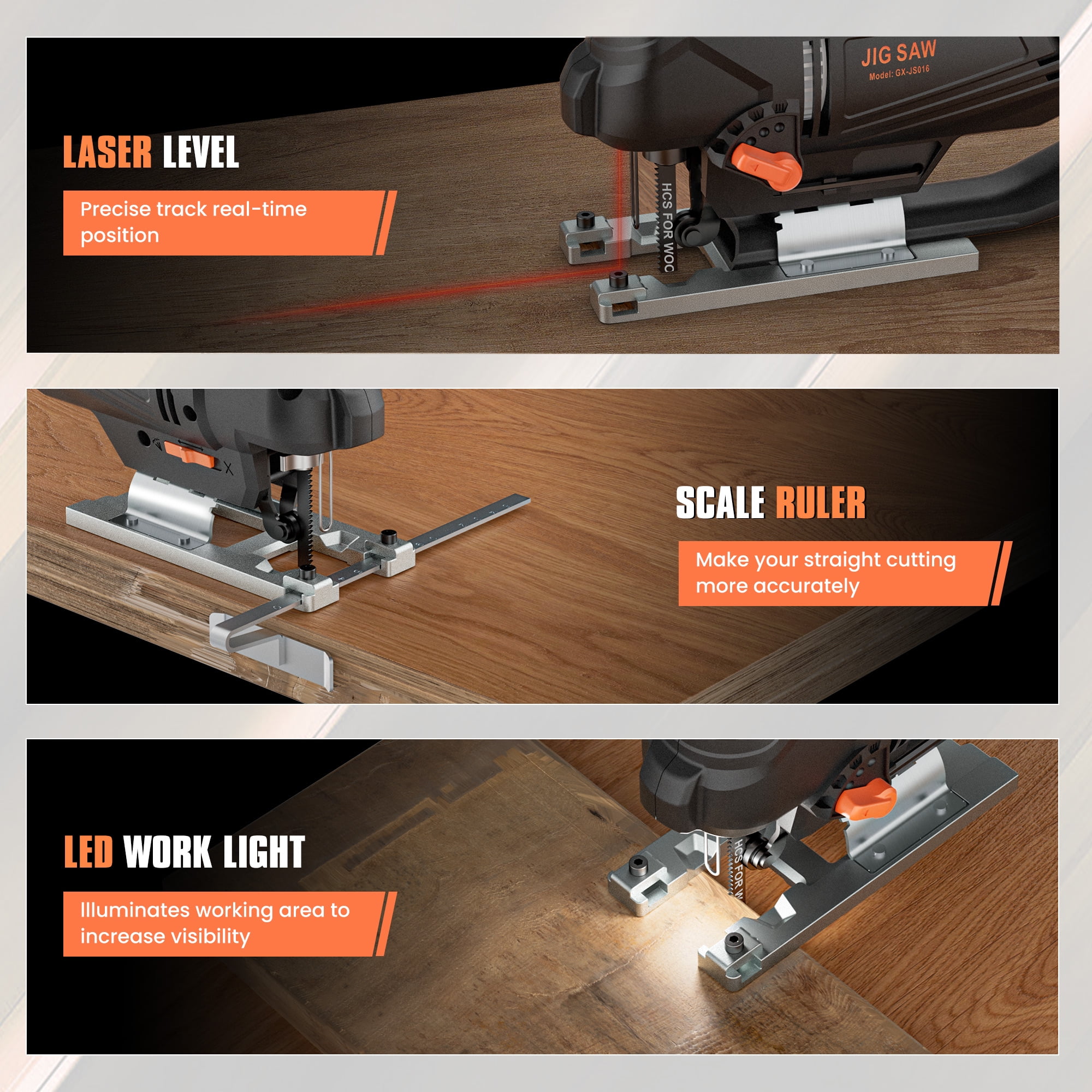 ENGINDOT 800W 120V,6.7A 6 Variable Speed Jigsaw,4 Orbital Power Saw with Laser&LED Light&6 Blades for Wood/Steel/PVC Cutting