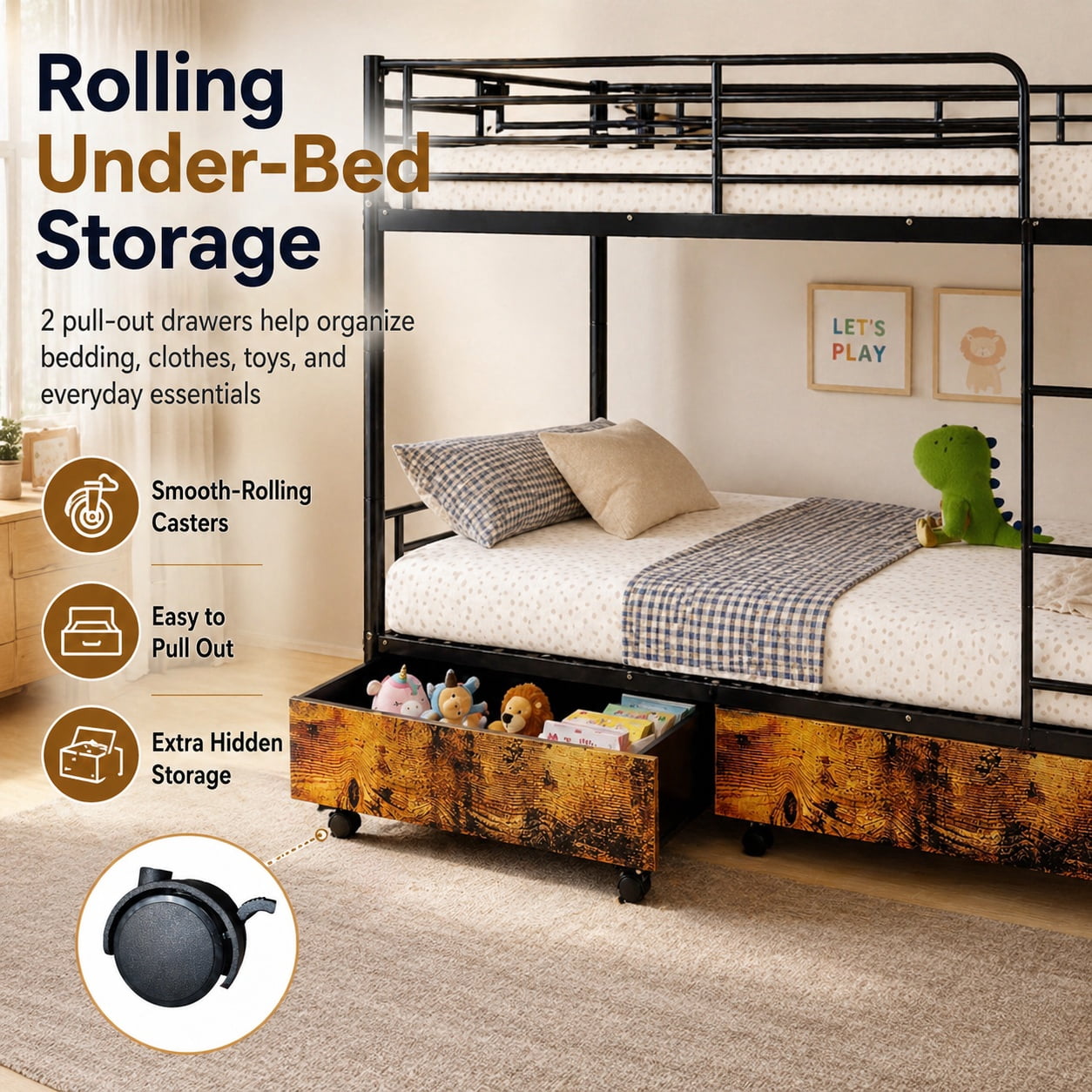Miniyam Twin Over Twin Metal Bunk Bed with Storage Drawers, Convertible Bunk Bed with Guardrails, Ladder, Black