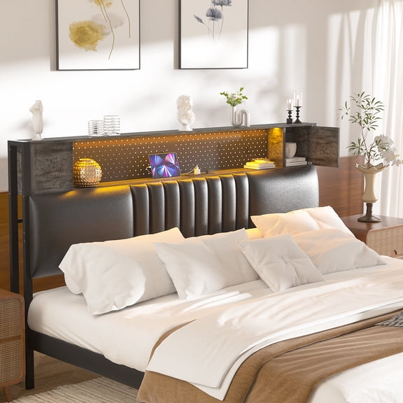 iSunirm Upholstered Headboard for Queen Size Bed Frame with Storage Cabinet & Shelf, Queen Headboard with Outlets and RGB LED Light, for Bedroom/Dorm Room, 40.1"W x 6.3"D x 43.3"H, Black Oak