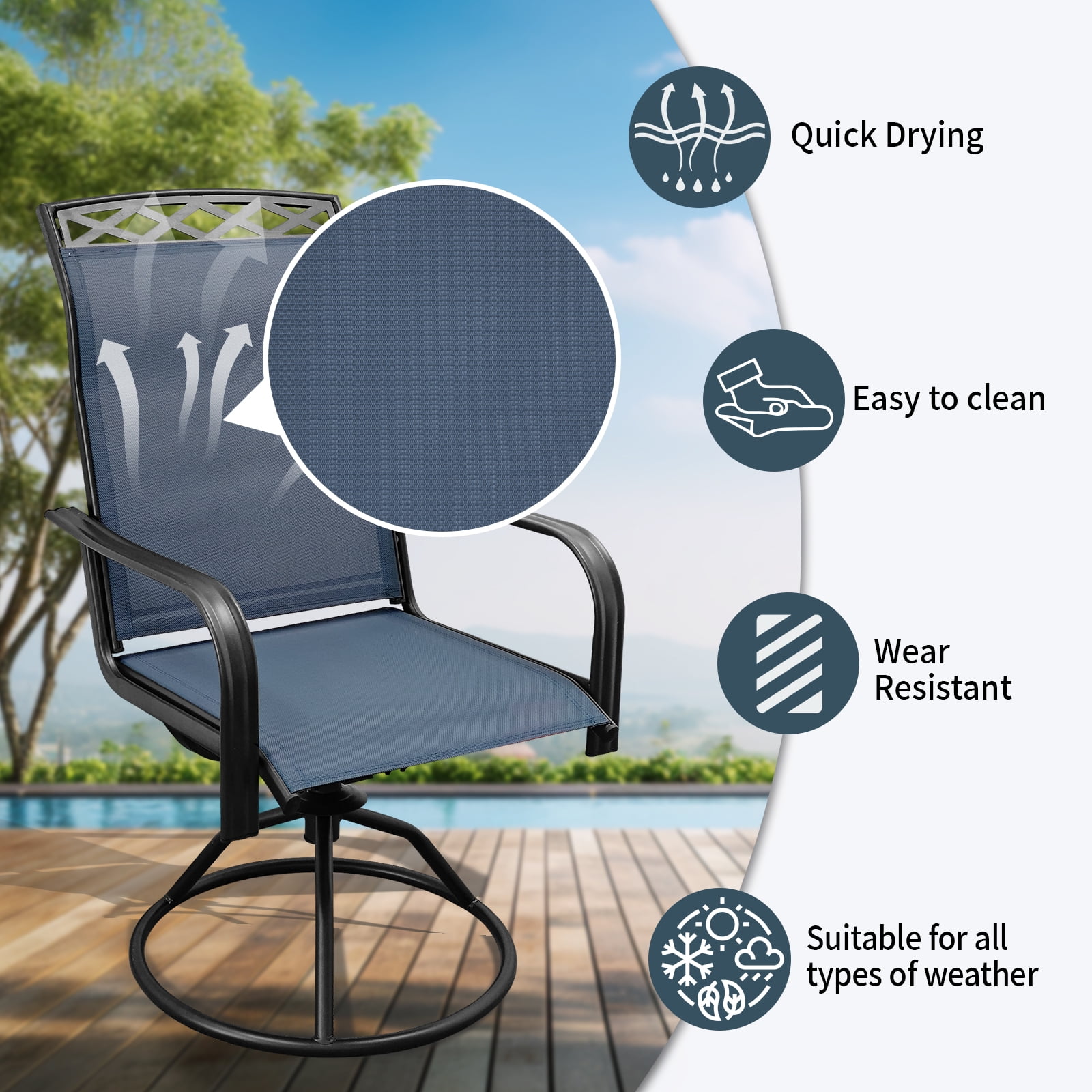 Patio Swivel Chairs Set of 2, Waterproof Outdoor Dining Chairs with All-Weather Textilene Mesh, High Back Rocker Chairs for Deck, Garden, and Backyard (Blue)