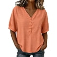 thumbnail image 2 of ClodeEU Women's Linen Blend V Neck Short Sleeve Blouse, Casual Solid Color Loose Fit Summer Shirt Orange,Women's Plus L, 2 of 8