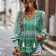 thumbnail image 4 of Blusa Manga Larga Patrón Impreso Cuello En V Botón Puños Elásticos Tops Casuales De Moda Para Mujer Verde L, 4 of 8
