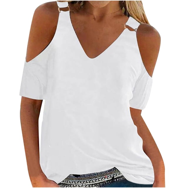 cfhntfmh Summer Tops Womens Cold Shoulder V Neck Short Sleeve Loose Basic Tee Casual Tops Blouse 2025