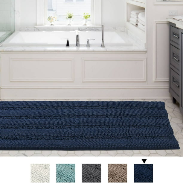 Large Chenille Gy Bath Mat, Gray And Navy Blue Bathroom Rugs