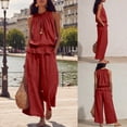 thumbnail image 2 of Womens Summer Cotton Linen 2 Piece Outfits Sleeveless Ruffle Top Wide Leg Pants Beach Vacation Lounge Sets, 2 of 7