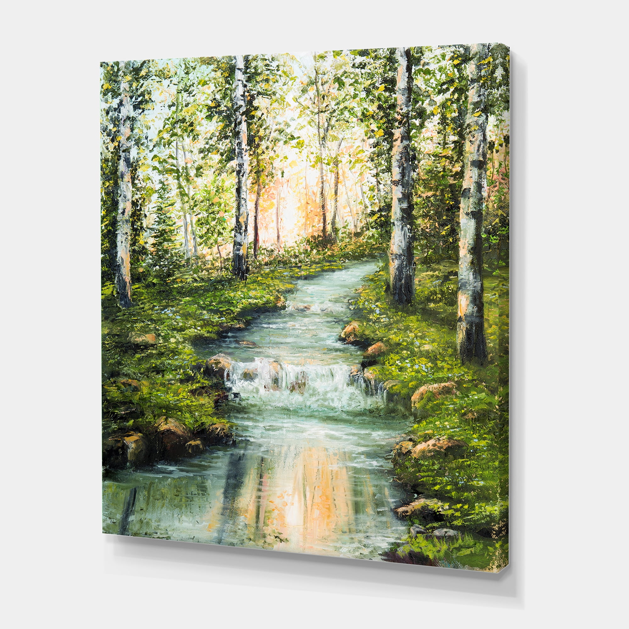Designart ' River Through Green Birch Forest ' Lake House Canvas Wall Art Print