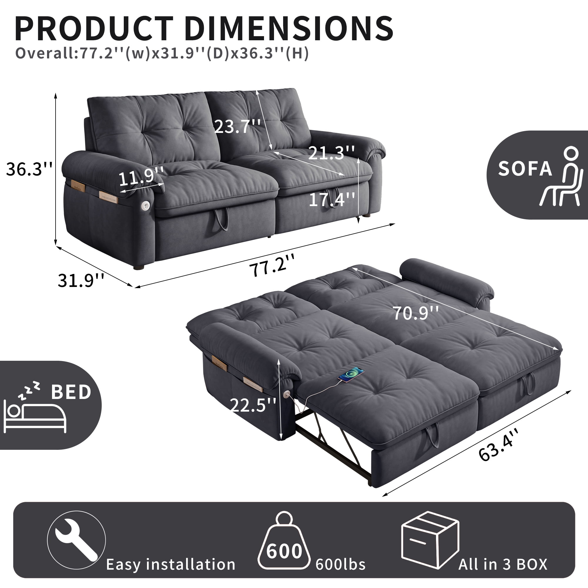 Leumius 77" Convertible Sofa Bed,2-in-1 Cloud Loveseat Sleeper Sofa with Steel Frame & USB, Chenille Pull Out Bed for Living Room/Bedroom/Apartment,Grey