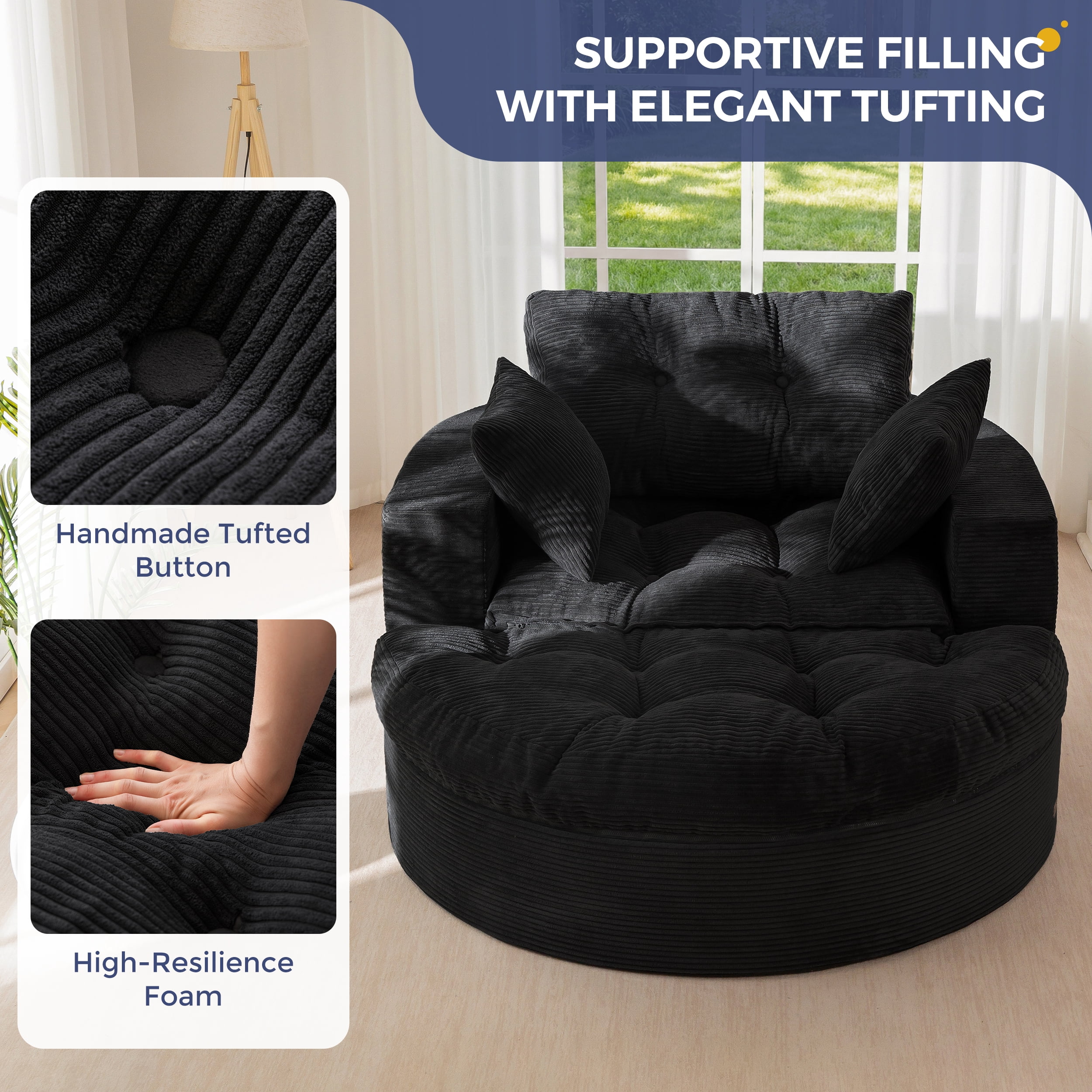 BYBYME 49''Round Chaise Lounge Chair,Corduroy Sofa Bed With Deep Seat,Upholstered Boneless Chaise Indoor,Cozy Sleeper Couch for Living Room with Ottoman,Black