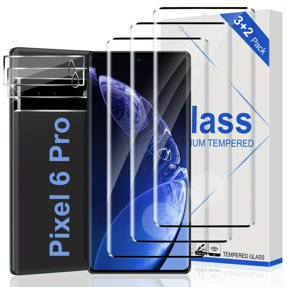 For Google Pixel 6 Pro Screen Protector, 3 Packs Tempered Glass Screen Protector And 2 Packs Camera Lens Protector, Compatible With Fingerprint Unlock, 3D Full Coverage, Easy To Install Bubble-free