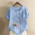 thumbnail image 4 of WREESH Womens Casual Summer Cotton Linen Shirts Loose Print Regular Button Round Neck Short Sleeve Short Sleeves Top Light Blue, 4 of 5
