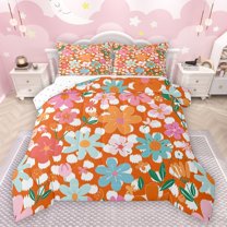 Manfei Colorful Flowers Full Size Comforter Sets 3-Piece for Teens Adults,Orange Polka Dots Bedding Comforter Set,Chic Floral Blossoms Lightweight Bedding Sets,Lightweight Room Decor,Reversible