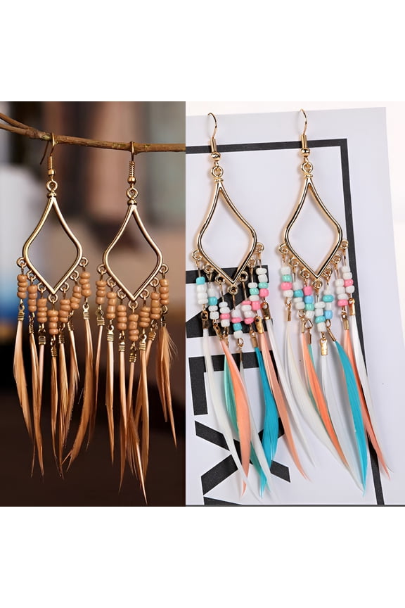 Bead Earrings Set Feather Tassel Gold Boho Ethnic Retro Bohemian Dangle Earring Women Jewelry for Birthday Party