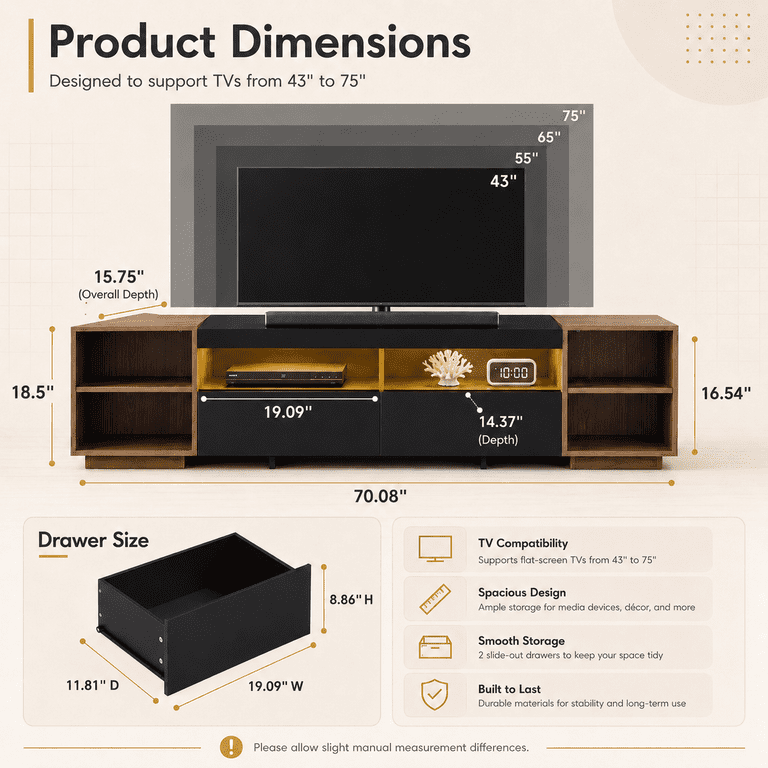 Lacoo 70 Inch TV Stand with LED Lights and Charging Station, Entertainment Center for 43-75 Inch TVs, Media Console with 2 Drawers, Adjustable Shelves and Modular Storage, Black and Brown
