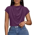 thumbnail image 3 of ClodeEU Women's Ruched Mock Neck Short Sleeve T-Shirt,Slim Fit Crew Neck Tee Purple,Women's Plus XXL, 3 of 6