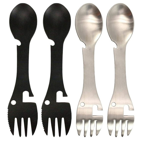 RENACLIPY 4Pcs Portable Outdoor Stainless Steel Spork Fork with Can Opener Lightweight Camping Cutlery