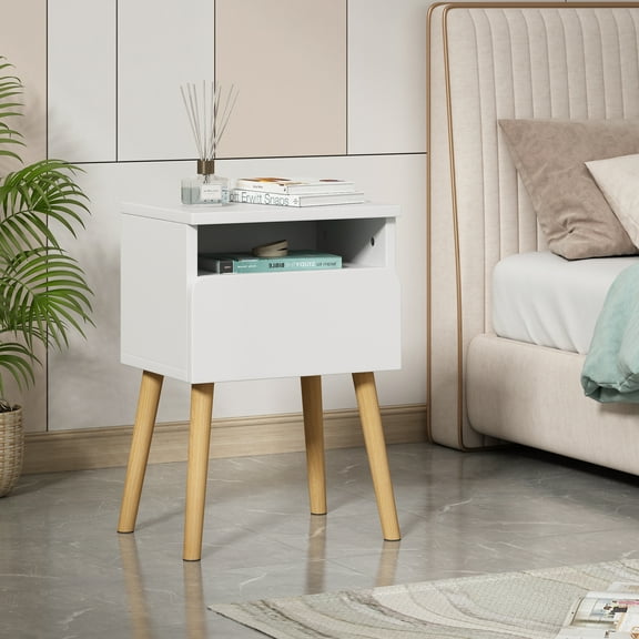 JAXPETY Upgraded Modern Wood Nightstand with Drawer, End Table with Solid Wood Legs and Storage Drawer for Bedroom Living Room Home Office, White