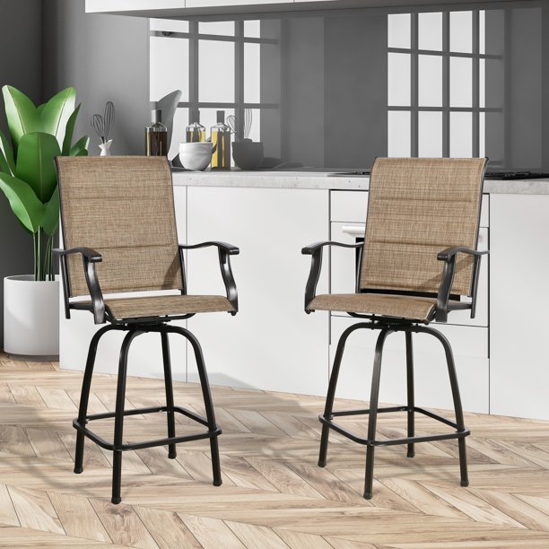Ulax Furniture 2Pieces Padded Outdoor Metal Sling Swivel Bar Stools, Black