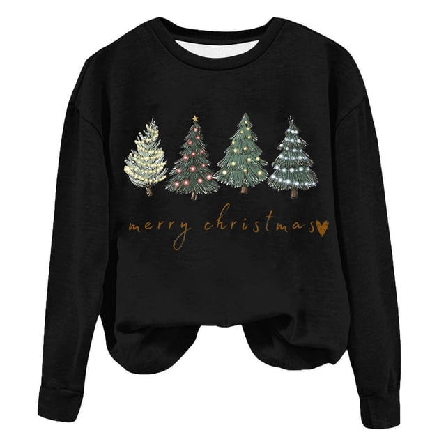 Staron Chandails de Noël pour Femmes 2024 Joyeux Noël Imprimé Arbre de Noël Col Rond Hauts Mode Décontractée Chemise Grande Taille Chandails Doux Cadeaux pour Femmes Unique