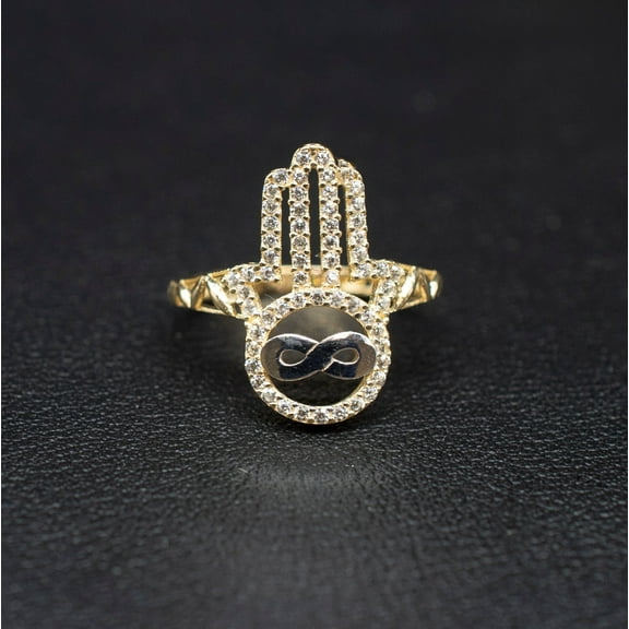 14k Real Solid Yellow Gold Hamsa Hand with Infinity Ring, 14k Solid Gold Women Dainty Ring, Infinity Symbol Gold Ring for Women, Hamsa Hand (Ring size:6 1/2;)