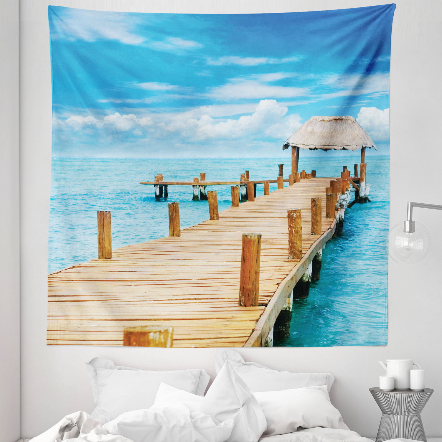 Old Jetty Pier Sea in Storm Rain Images Wall Art Tapestries Seaside Tapestry 