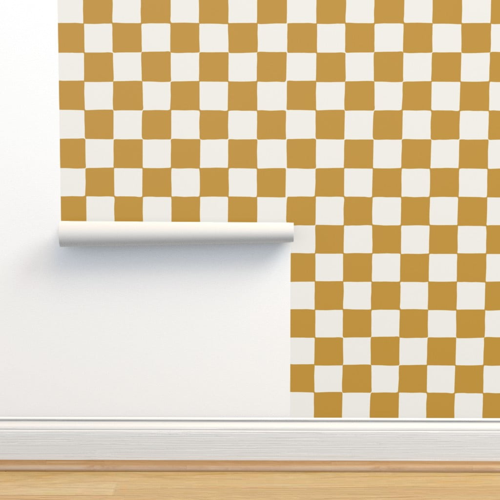 Peel & Stick Wallpaper 9ft x 2ft - Retro Checkerboard Checkered Mustard