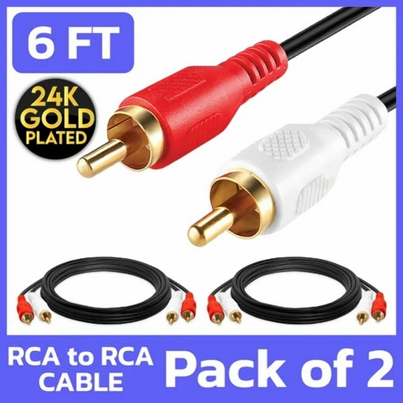 2 Pack 2-Rca To 2-Rca Male Cord 6Ft Stereo Audio Coaxial Cable L/R Gold Plated