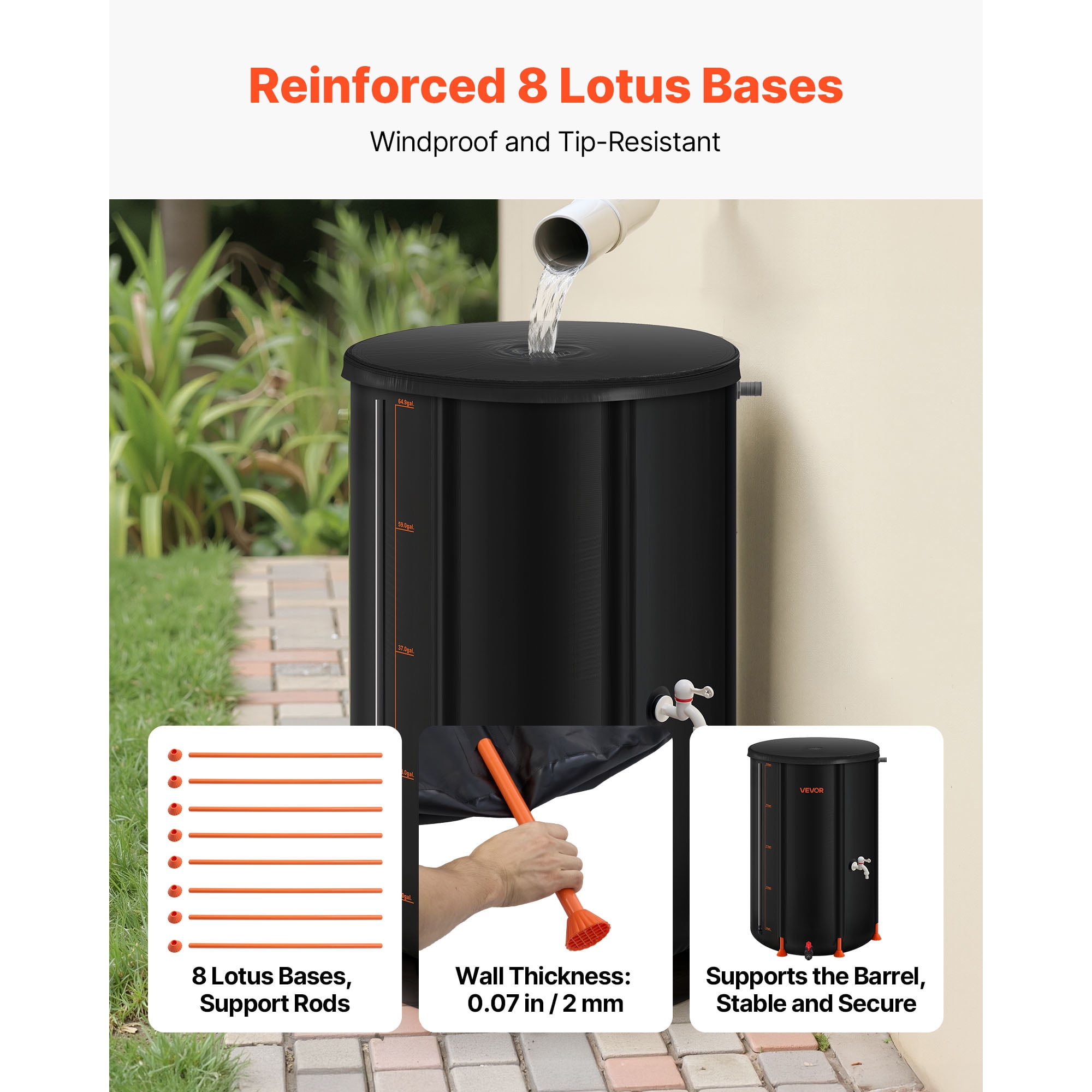 KFFKFF Collapsible Rain Barrel, 66 Gallon Portable Rainwater Collection System, 500D PVC Garden Water Storage Container with Spigot & Overflow Kit, Black