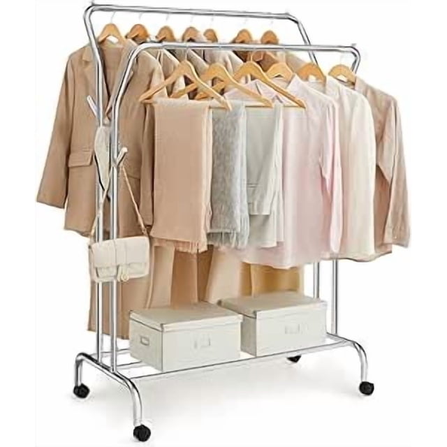 SONGMICS HOME Double-Rod Clothes Rack - Heavy-Duty Metal Frame Garment Rack, 220 lb Max Load, 40.7 inches Wide, Silver