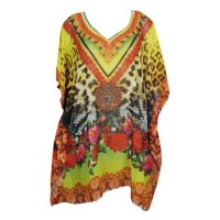Mogul Womens Jewel Print Short Caftan Sheer Georgette Kimono Sleeves Sexy Beach Wear Resort Fashion Bikini Cover Up Dress