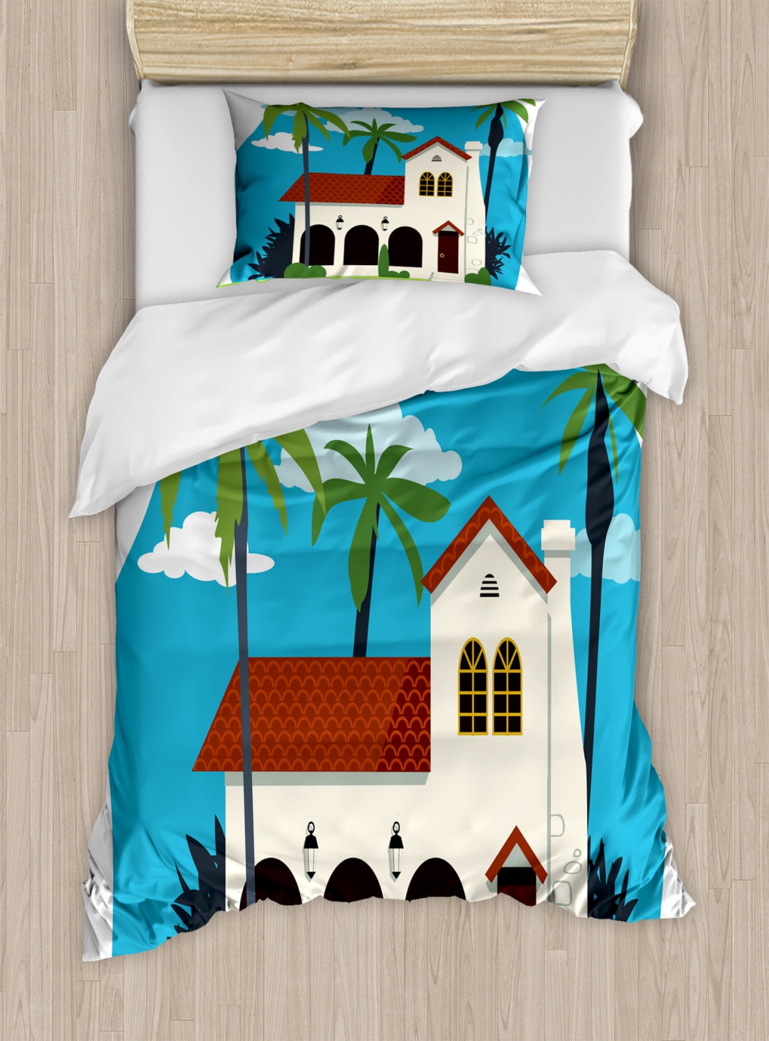Spanish Duvet Cover Set Twin Size, Old Fashioned Mediterranean Cottage House with Palm Trees