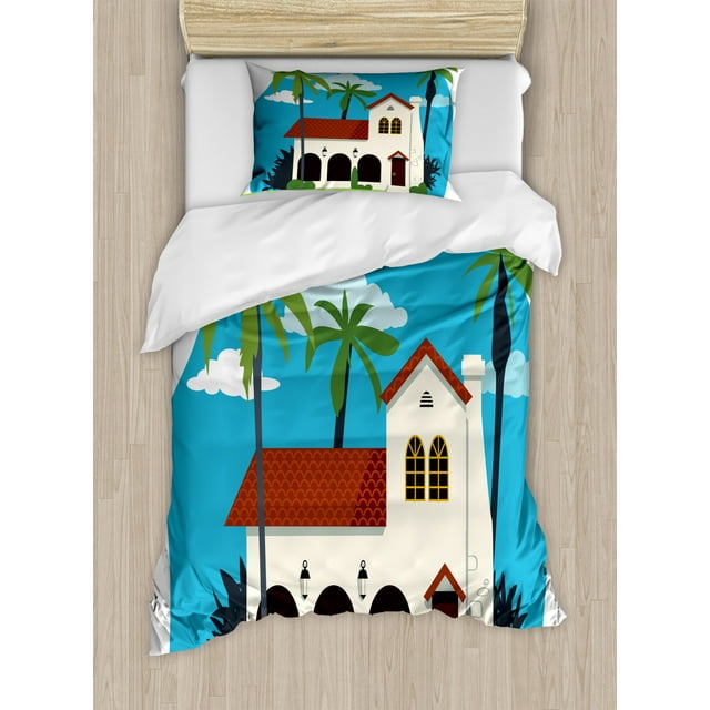 Spanish Duvet Cover Set Twin Size, Old Fashioned Mediterranean Cottage