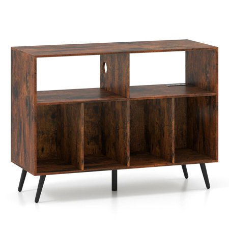 Resenkose High-performance Record Player Stand with Charging Station and Open Shelves for Audio Gear Storage Rustic Brown