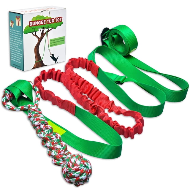 Juguete para perros LOOBANI Bungee Tug que cuelga de un árbol verde