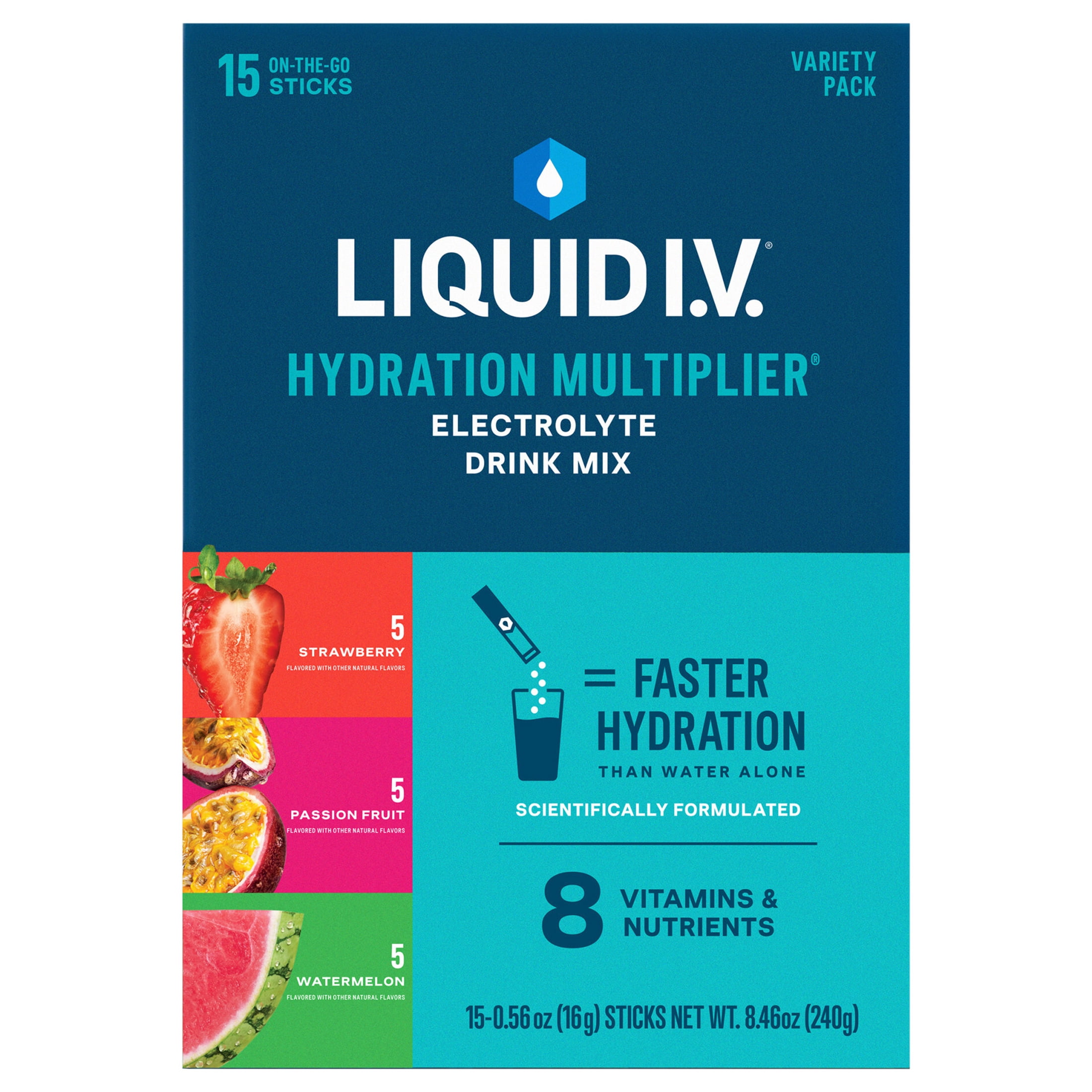 (6 pack) Liquid I.V.® Strawberry, Passion Fruit, and Watermelon Hydration Multiplier® Powdered Electrolyte Drink Mix, 15 Count Packets