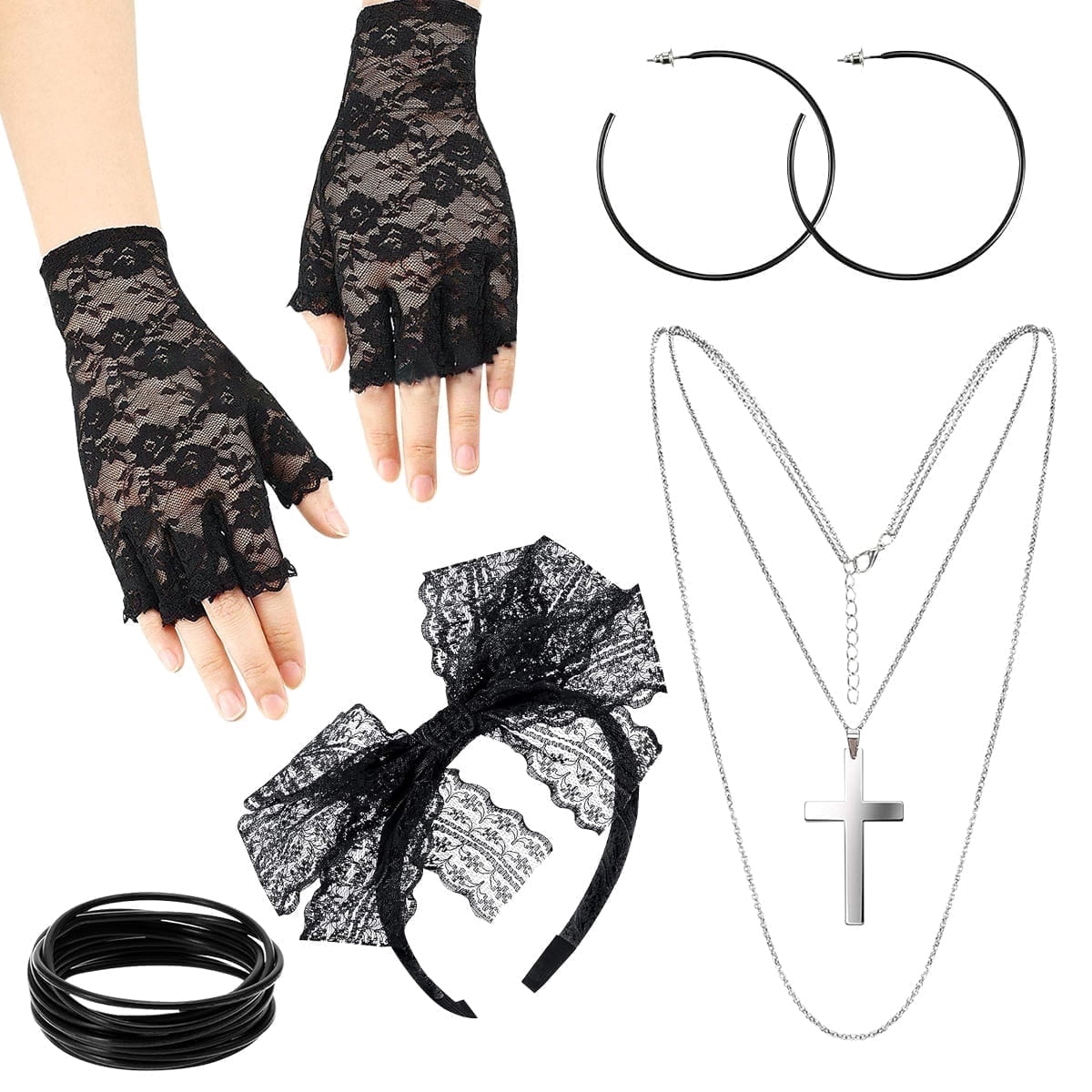 Chunyin 15 Pcs Women's 80s Outfit Costume Accessories Set Neon Lace Headband Earrings Fishnet Gloves Leg Warmers Necklace Bracelet For 80s Retro Halloween Party