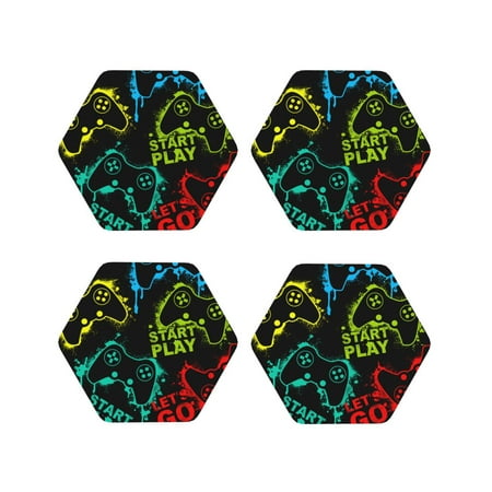 

Fuzoiu Play Game Start Print Leather Coasters Set Drink Coasters Set of 4 for Tabletop Protection Durable PVC Coasters Home Décor and Housewarming Gift-Hexagon