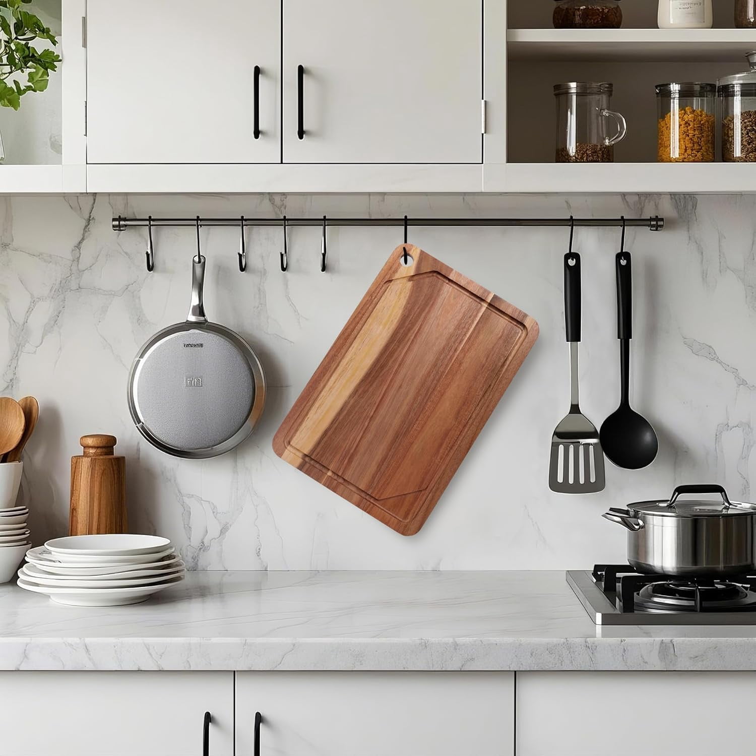 Wood Cutting Board For Kitchen, Acacia Wood Cutting Board Set of 3 with Juice Groove, Double-Sided Chopping Board Serving Board with Hanging Hole for Meat, Vegetables and Cheese